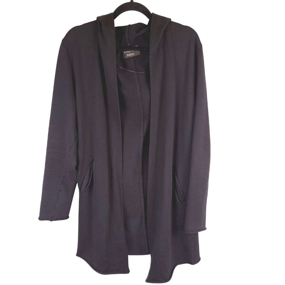 Zara Man Black Open Front Hooded Cardigan Draped Longline Sweater L Darkwear